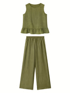 Conjunto de Lino Mujer Verde Oliva con Pantalón Palazzo Sin Mangas Casual Elegante Verano
