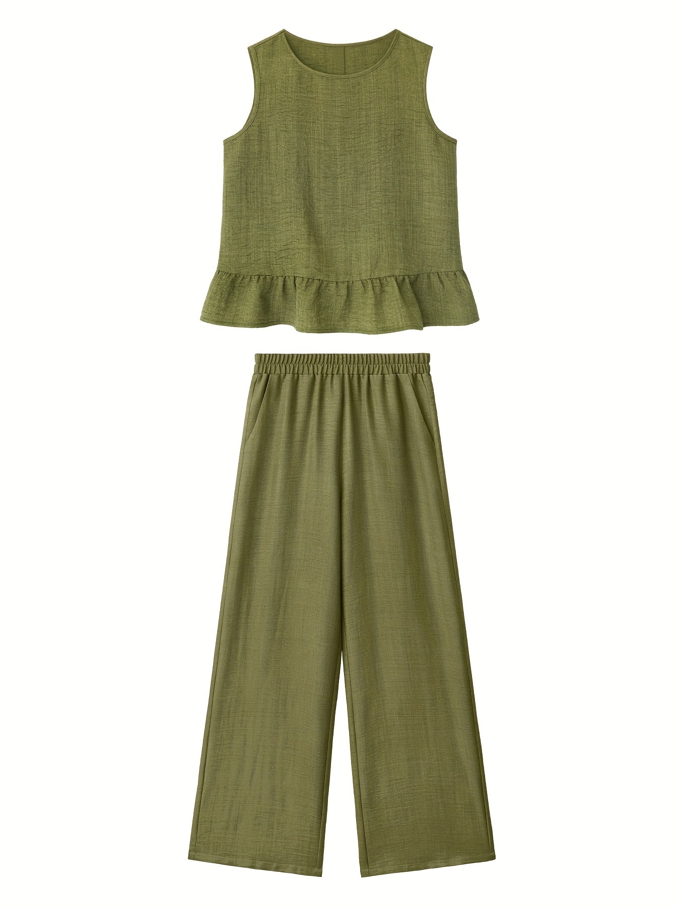 Conjunto de Lino Mujer Verde Oliva con Pantalón Palazzo Sin Mangas Casual Elegante Verano