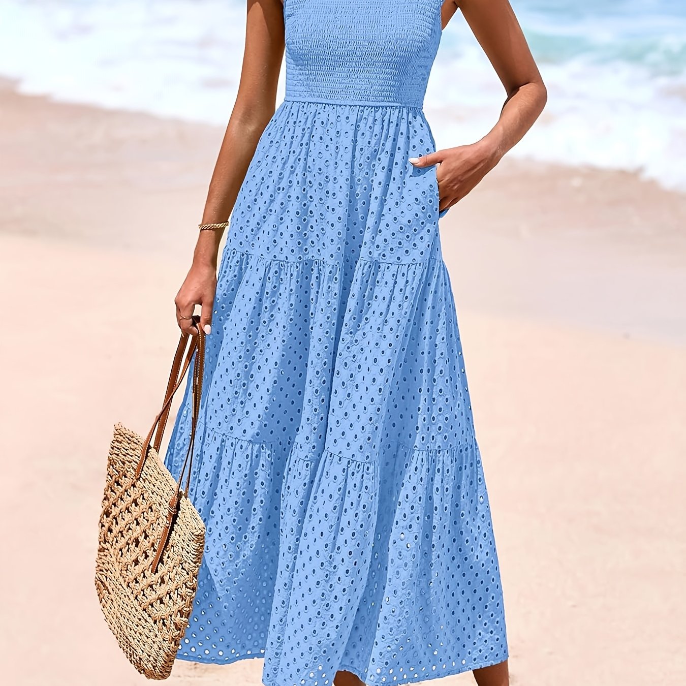 Elegante Vestido Midi de Verano para Mujer con Cuello Cuadrado, Manga Abullonada, Detalles de Encaje y Falda en A con Capas y Bolsillos - Color Sólido, Diseño Fluido Adecuado para Ocasiones Casuales o Formales, Vestido Largo Fluido sin Mangas