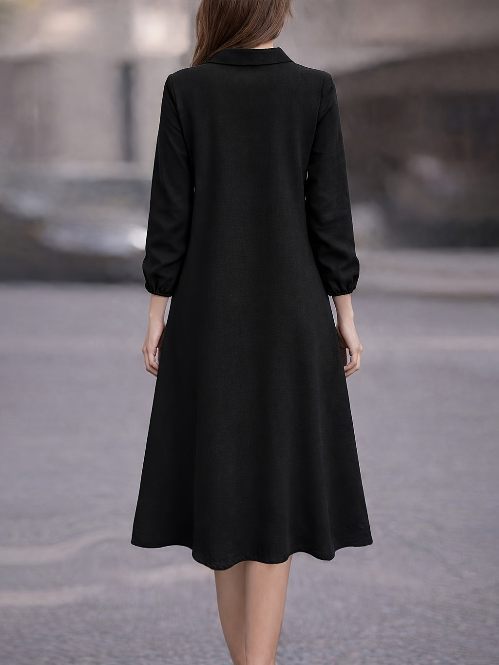 Vestido Midi Camisero Manga Larga Elegante para Oficina y Uso Casual