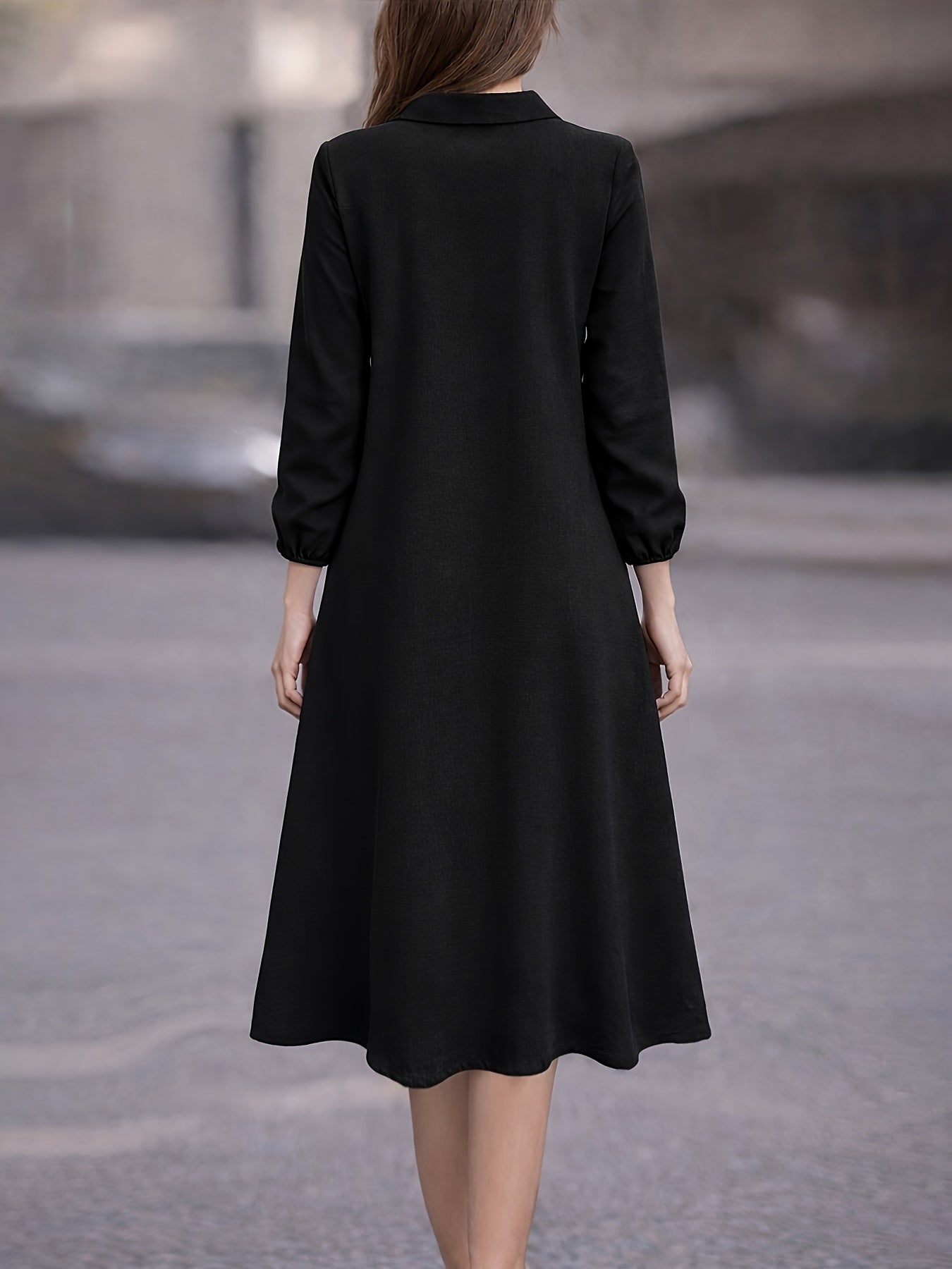 Vestido Midi Camisero Manga Larga Elegante para Oficina y Uso Casual