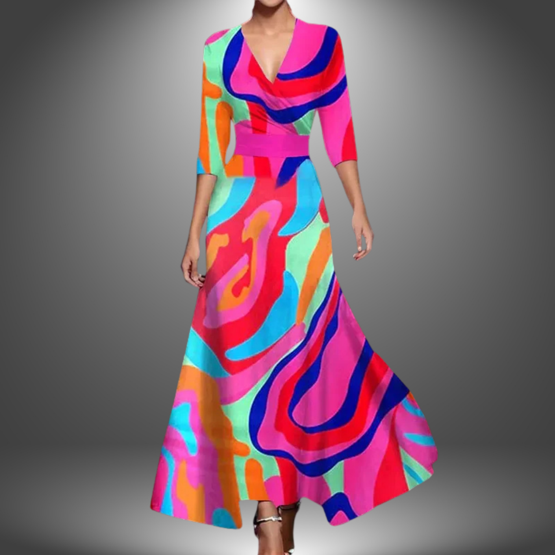 Vestido Largo Floral Cruzado Rojo y Azul Elegante para Fiesta con Escote en V y Manga 3/4