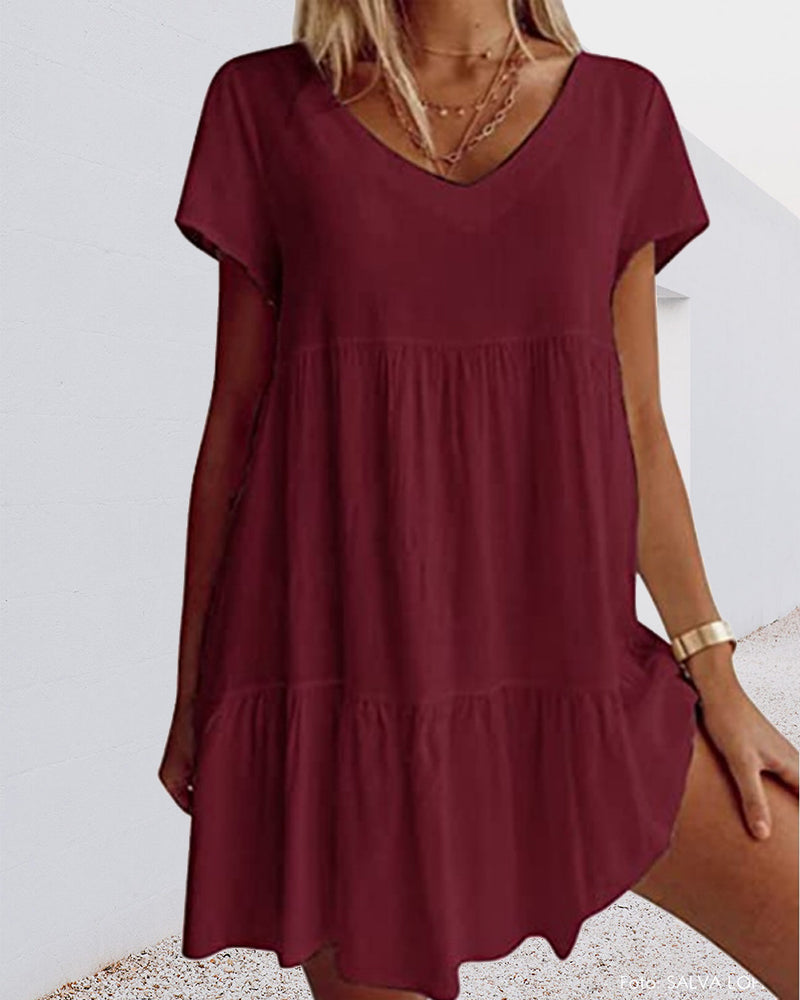Vestido Corto lino Escote V Manga Corta Falda Escalonada Baby Doll Casual Playa Verano Mujer