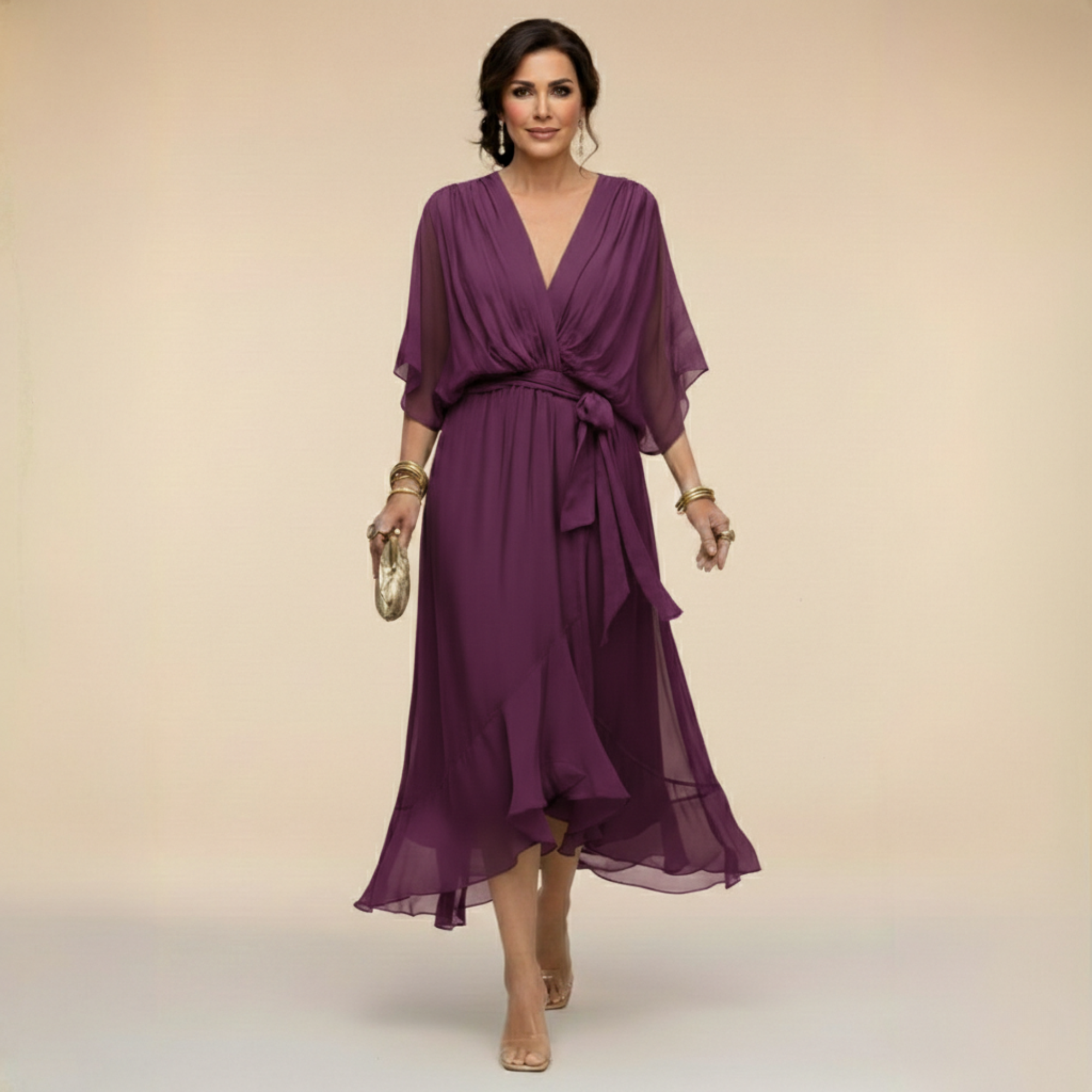 Vestido Midi Femenino Elegante con Escote en V y Cinturón para Fiesta