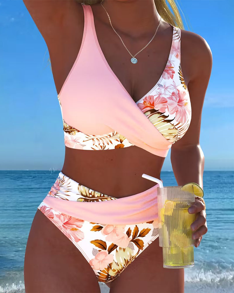 Bikini Kontrast Blumenmuster Geteilt
