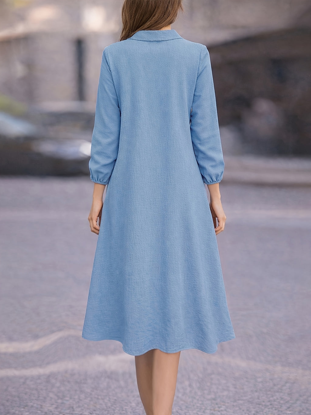 Vestido Midi Camisero Manga Larga Elegante para Oficina y Uso Casual