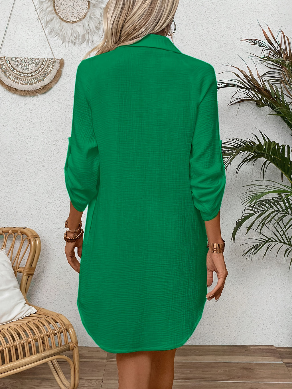 Vestido casual de mujer 100% con cuello y botones, camisa de primavera verano para trabajo diario, fácil, color liso, manga 3/4, vestido corto