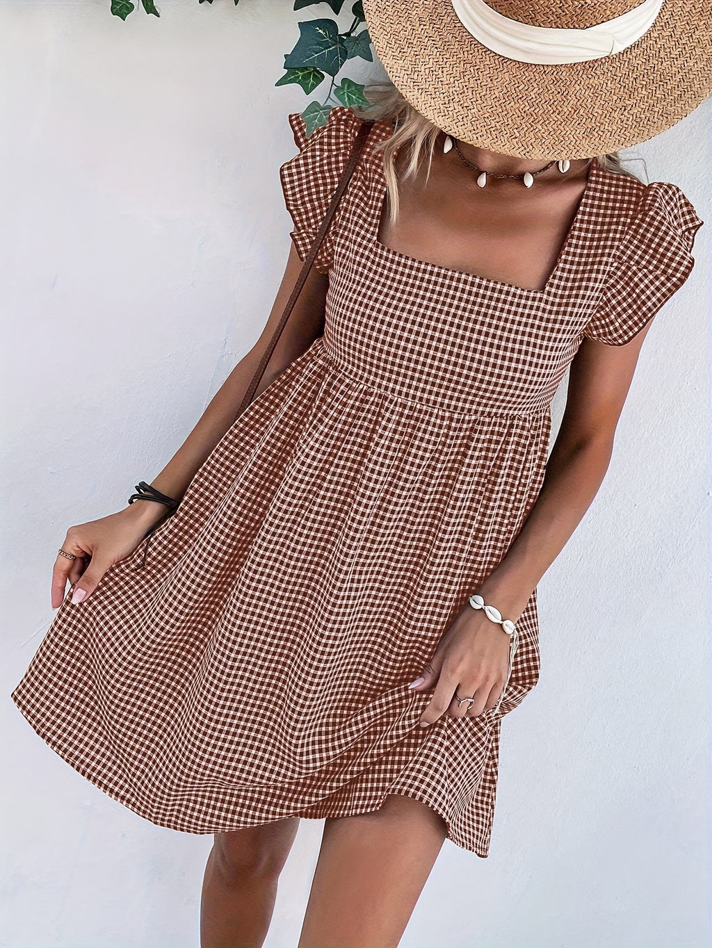 Vestido de Mujer, Vestido Corto con Cuello Cuadrado y Diseño de Cubierta a Cuadros para Vacaciones y Playa