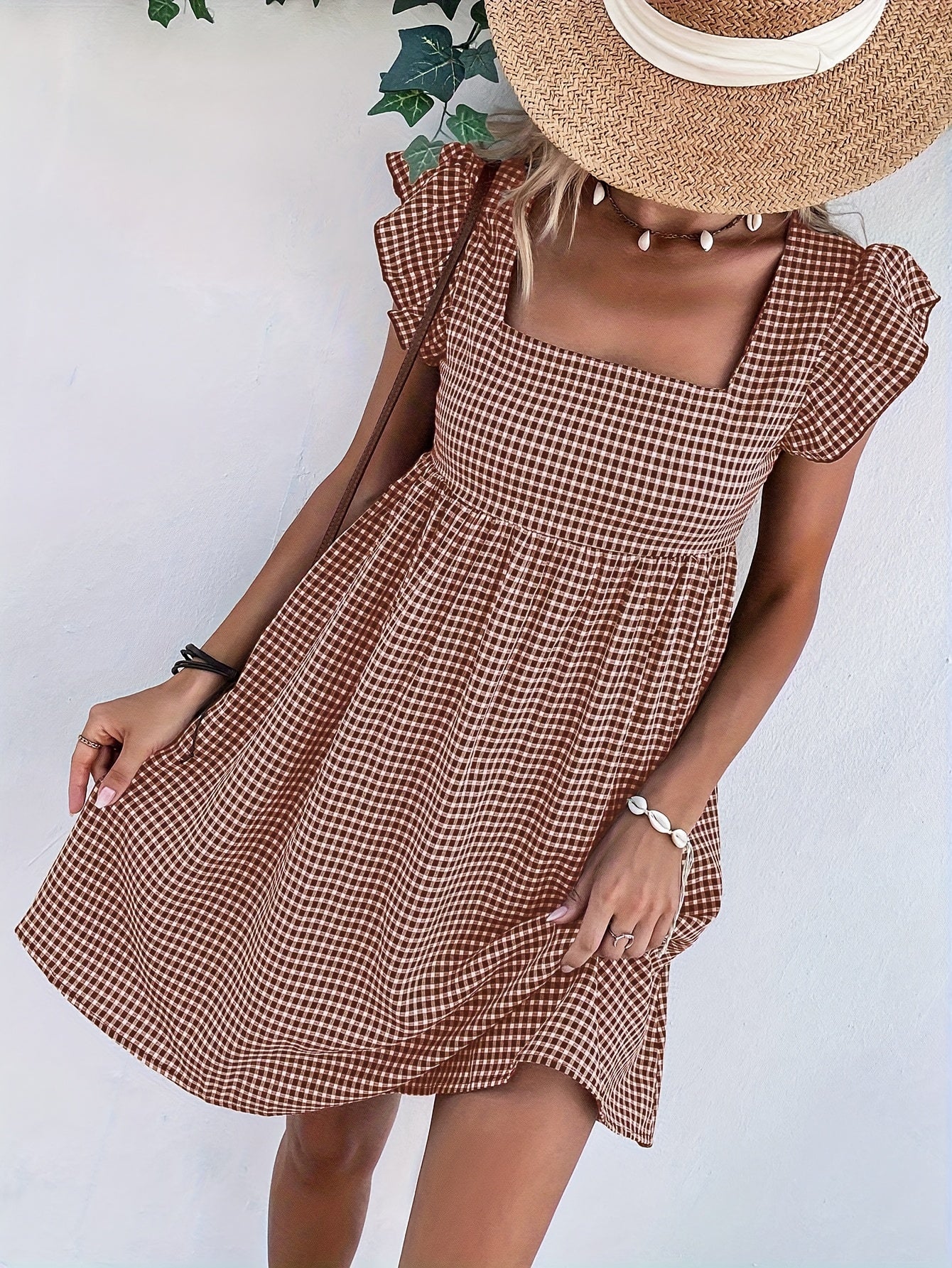 Vestido de Mujer, Vestido Corto con Cuello Cuadrado y Diseño de Cubierta a Cuadros para Vacaciones y Playa