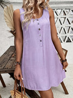 Vestido Elegante de Mujer con Cuello Redondo y Botones - Sin Mangas, Color Sólido, Largo Corto, Poliéster, Ropa de Verano, Estilo Especial y Elegante
