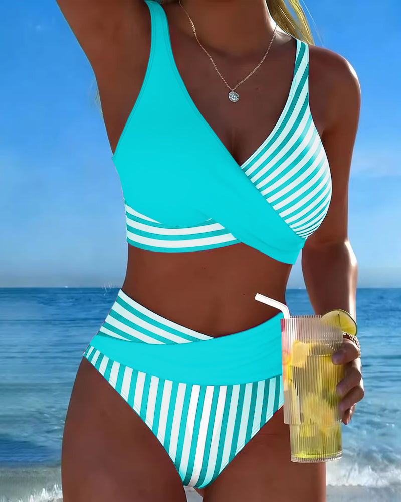 Bikini Cruzado de Cintura Alta con Rayas Marineras Estilo Playa y Vacaciones para Mujer