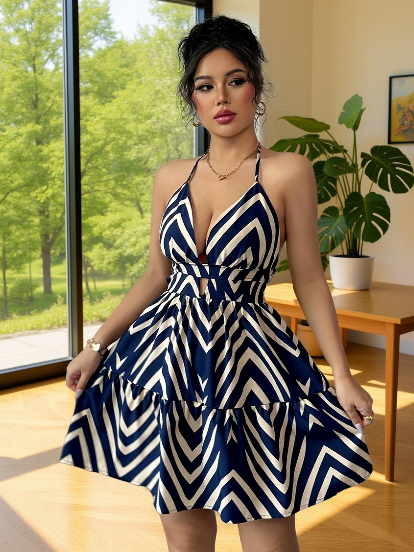 Vestido Corto Escote Halter Estampado Geométrico Azul Marino y Blanco Casual de Verano con Falda de Volantes