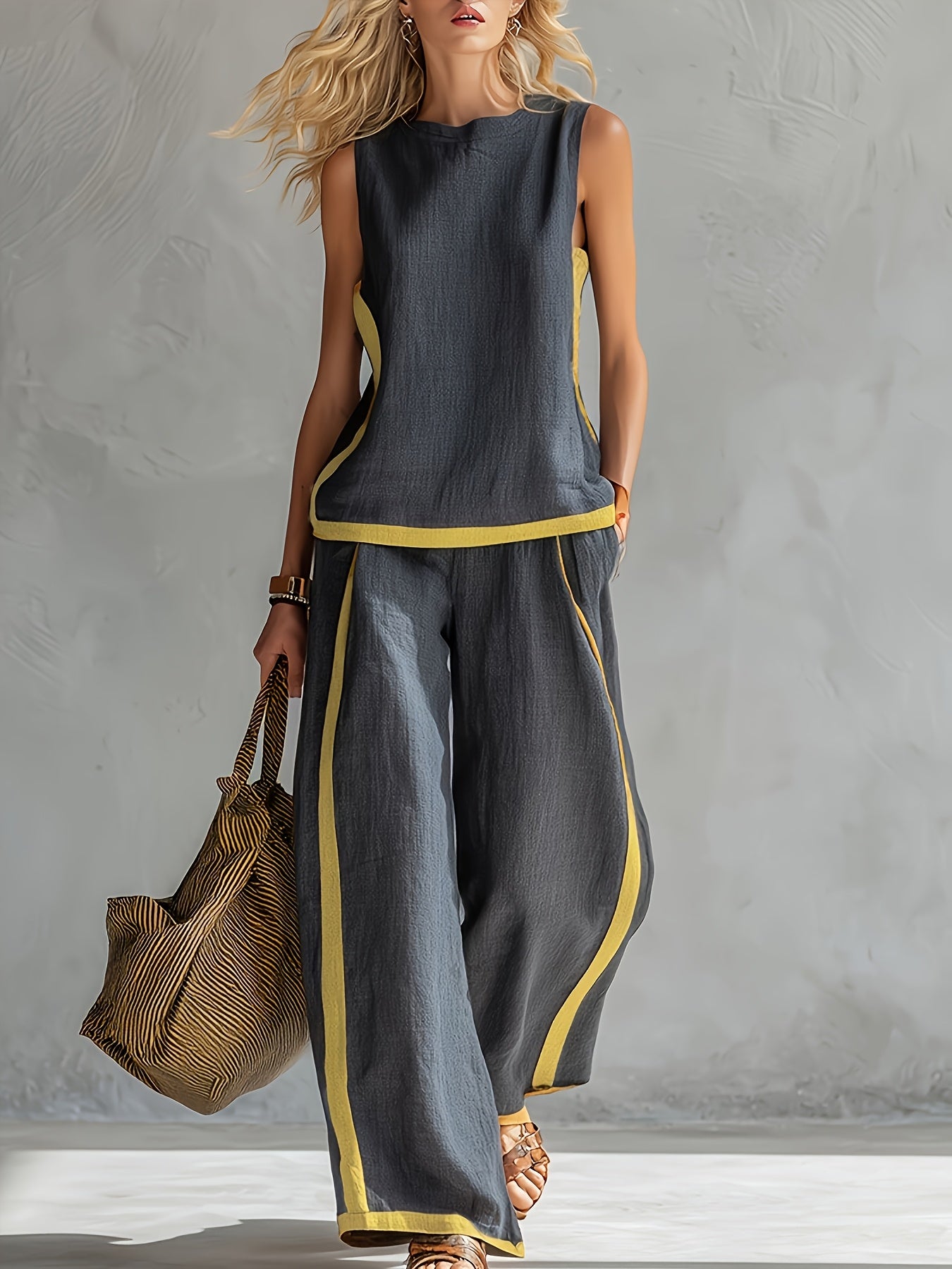 Conjunto Mujer con Pantalón Palazzo Contraste Amarillo Casual Elegante Verano