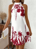 Vestido de Verano para Mujer con Cuello Halter - Estampado Floral en Blanco y , Mini A-Line, Manga Corta, Detalle Nudo, Lavable a Máquina, Elegante Vestido Casual, Sin Elástico