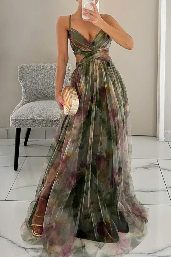 Vestido Largo de Fiesta Floral Rosa para Mujer Elegante con Escote en V y Falda Vaporosa