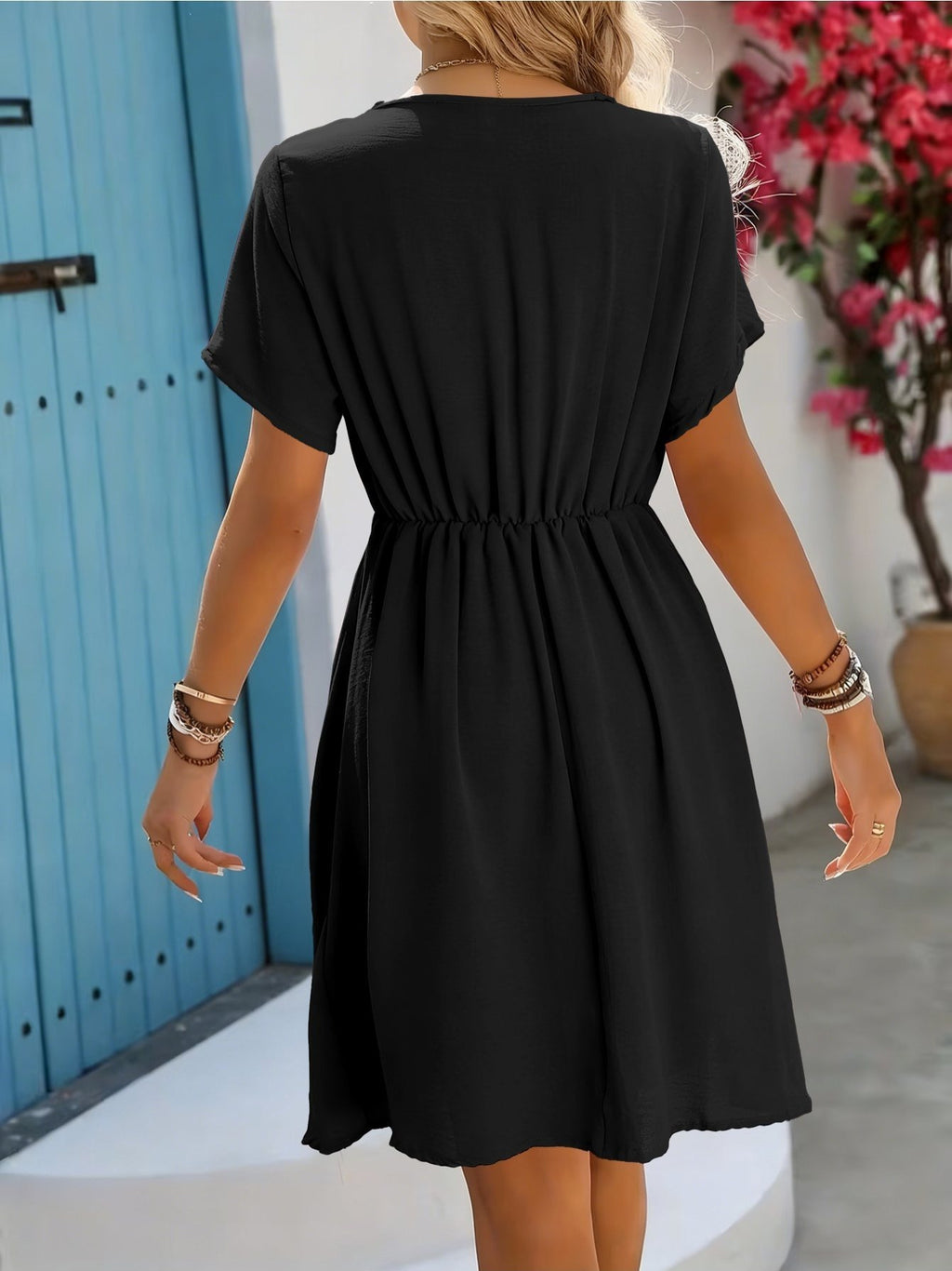 Mujer Vestido Corto Elegante De Manga Corta Con Escote en V y Detalles De Encaje De Ganchillo,Ideal Para el Verano.