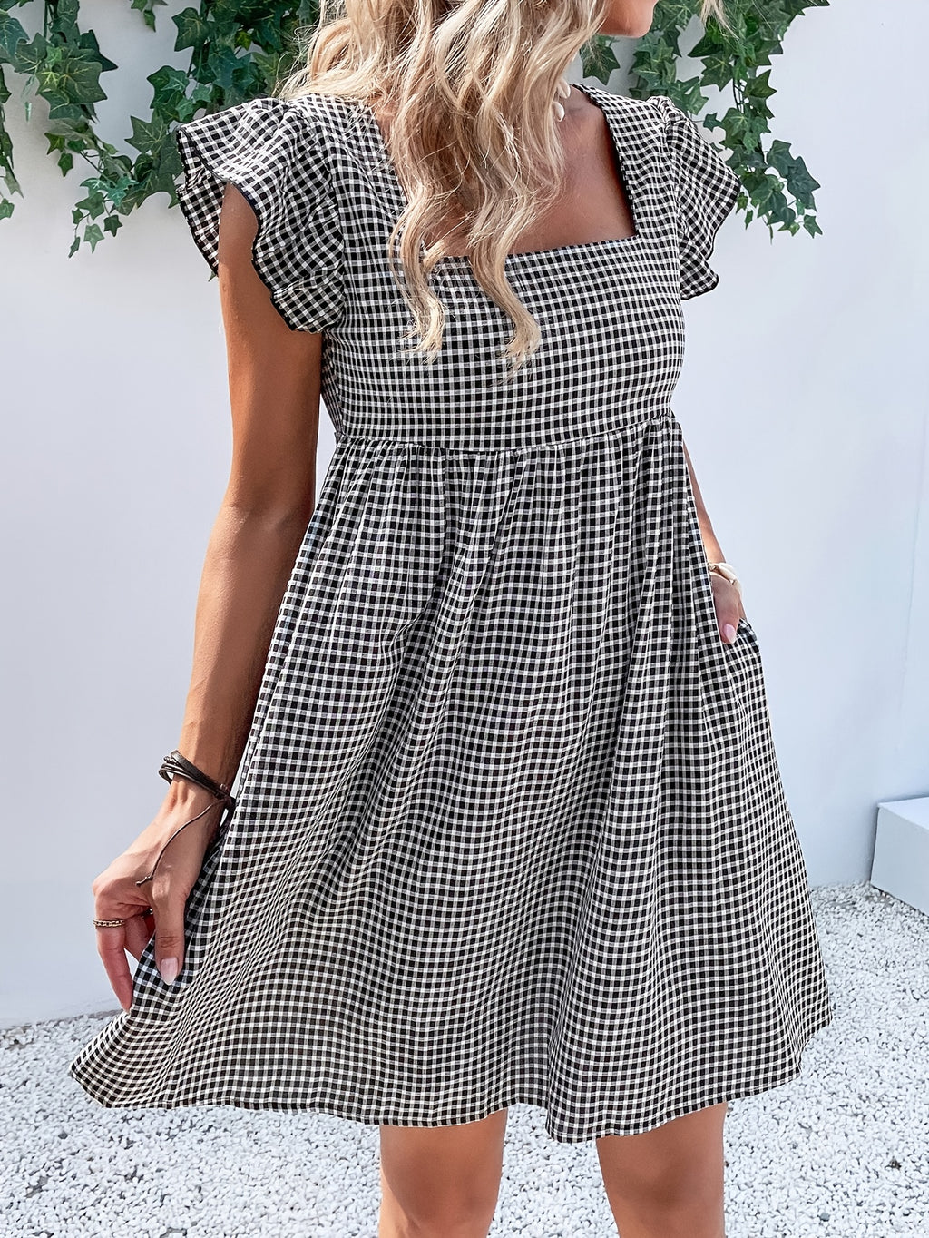 Vestido de Mujer, Vestido Corto con Cuello Cuadrado y Diseño de Cubierta a Cuadros para Vacaciones y Playa