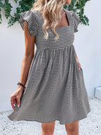 Vestido de Mujer, Vestido Corto con Cuello Cuadrado y Diseño de Cubierta a Cuadros para Vacaciones y Playa