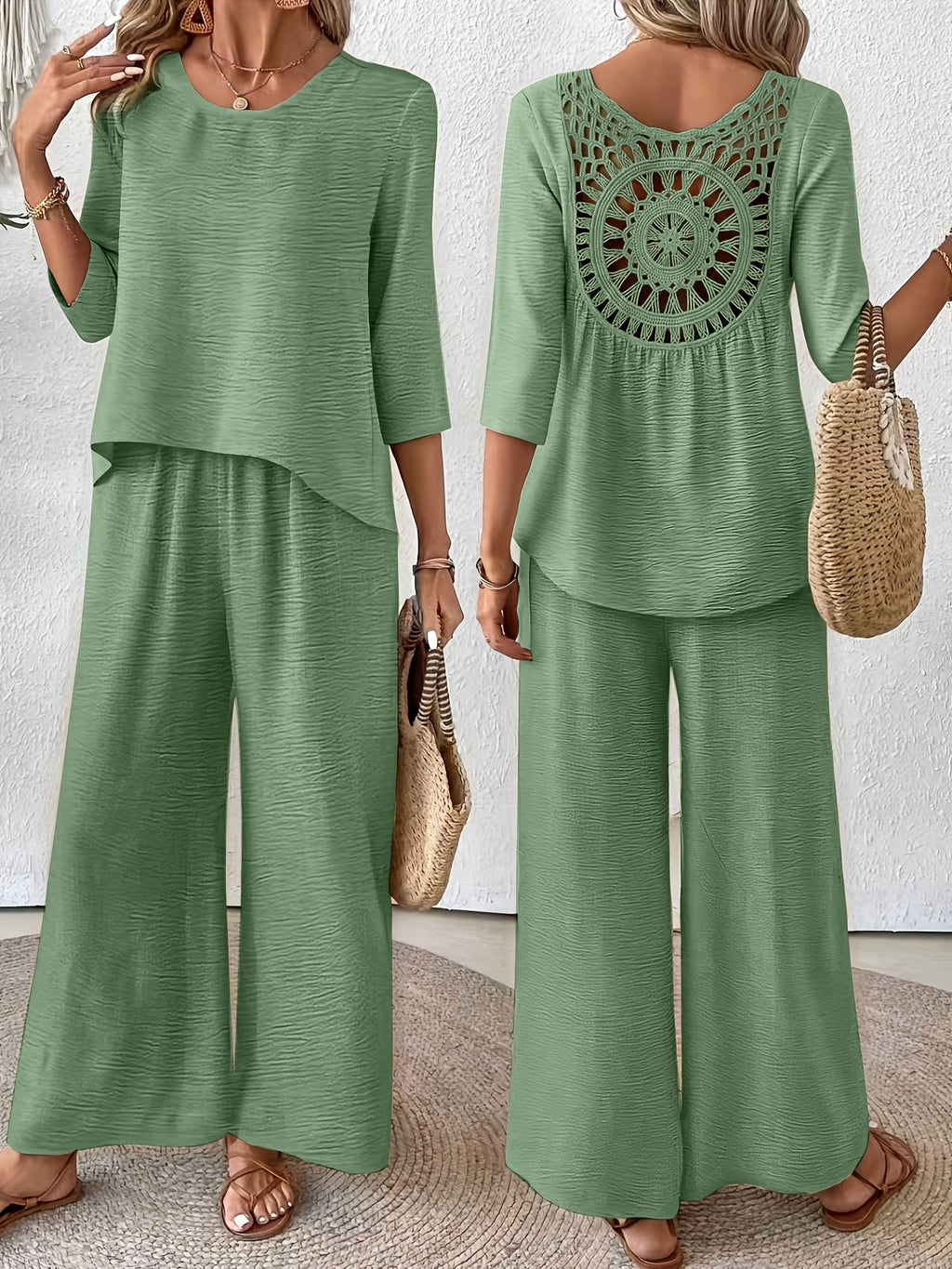 Conjunto 2 Piezas Top Crochet Espalda Manga 3/4 Pantalón Palazzo Casual Boho Mujer