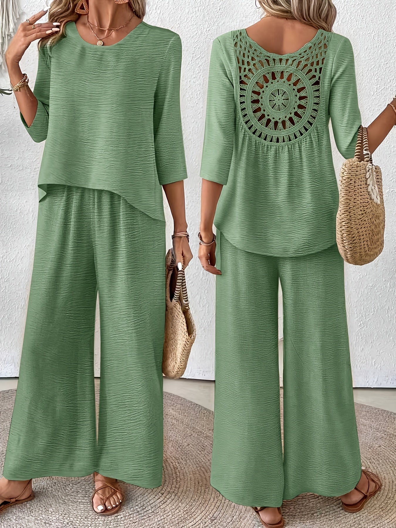 Conjunto 2 Piezas Top Crochet Espalda Manga 3/4 Pantalón Palazzo Casual Boho Mujer