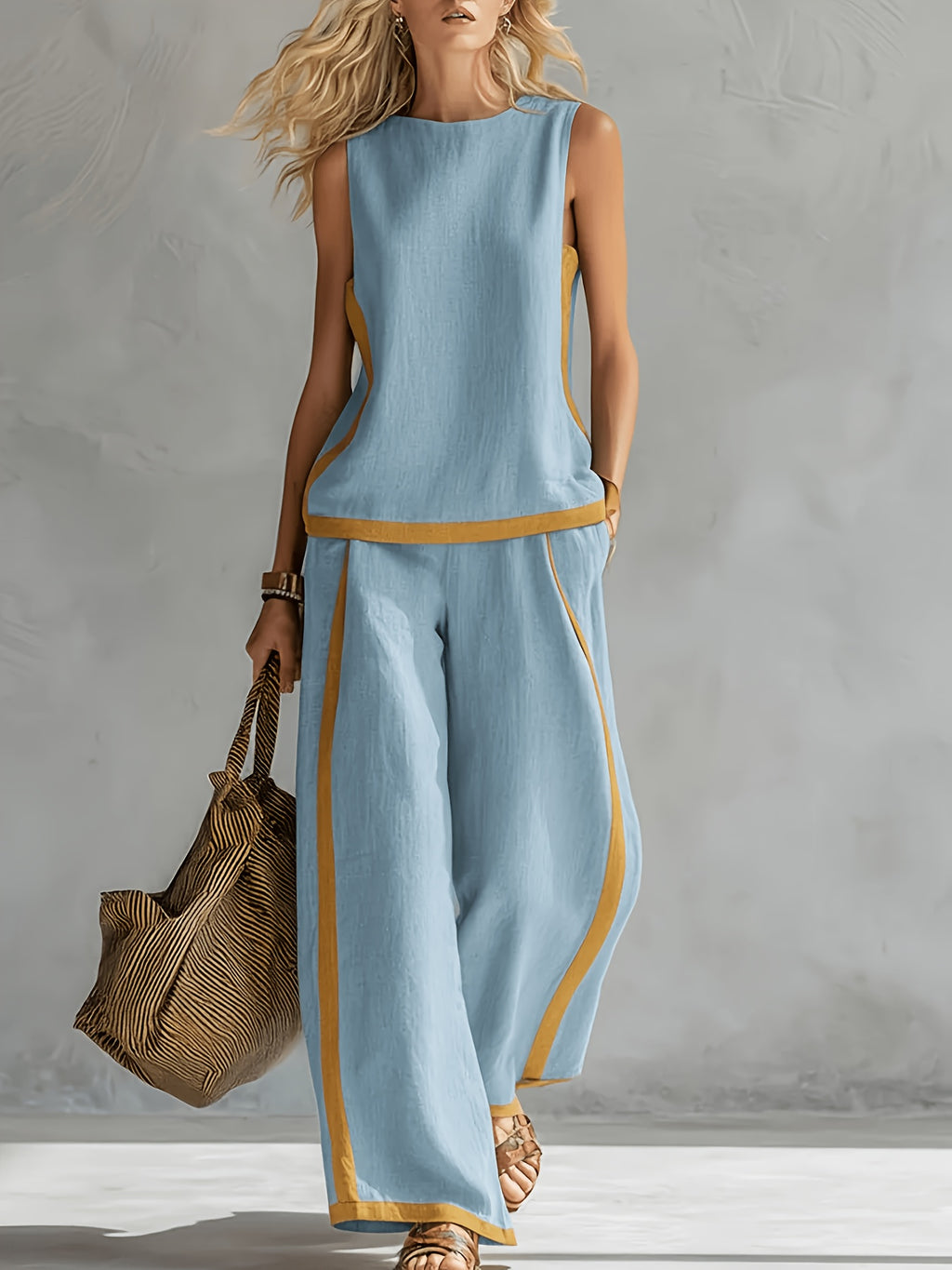 Conjunto Mujer con Pantalón Palazzo de Lino Ligero y Detalles Mostaza Casual Verano