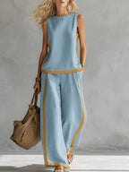 Conjunto Mujer con Pantalón Palazzo de Lino Ligero y Detalles Mostaza Casual Verano