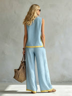 Conjunto Mujer con Pantalón Palazzo Contraste Amarillo Casual Elegante Verano