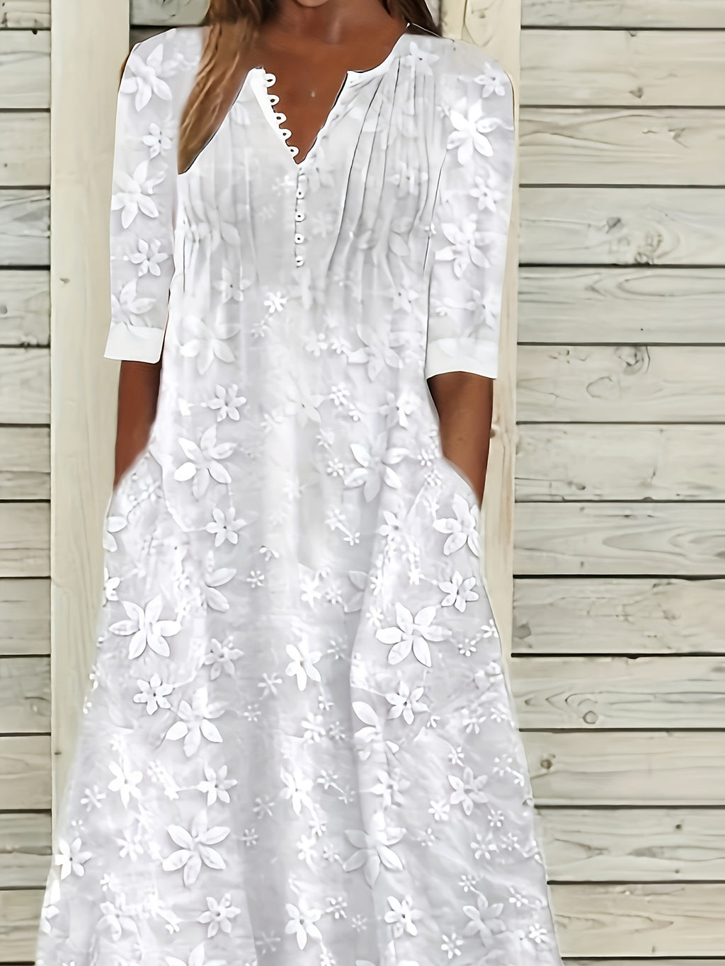 Vestido Midi Blanco Flores Bordadas Manga 3/4 Escote en V Romántico Casual con Bolsillos para Mujer