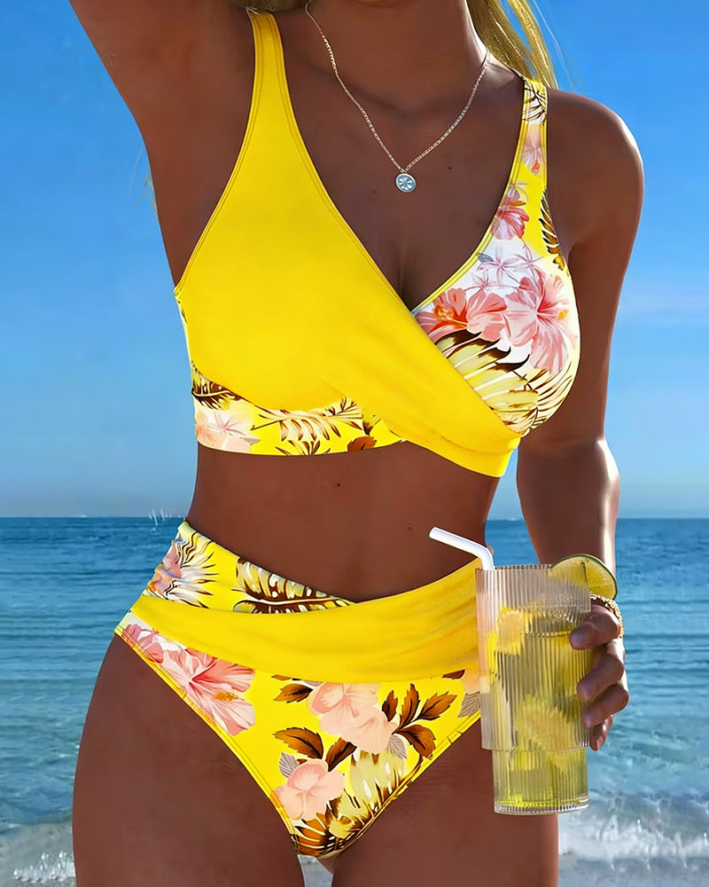 Bikini Floral de Dos Piezas con Diseño Cruzado para Mujer