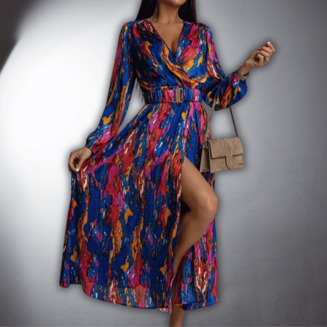 Vestido Largo Femenino Estampado con Manga Larga y Abertura Verde para Verano