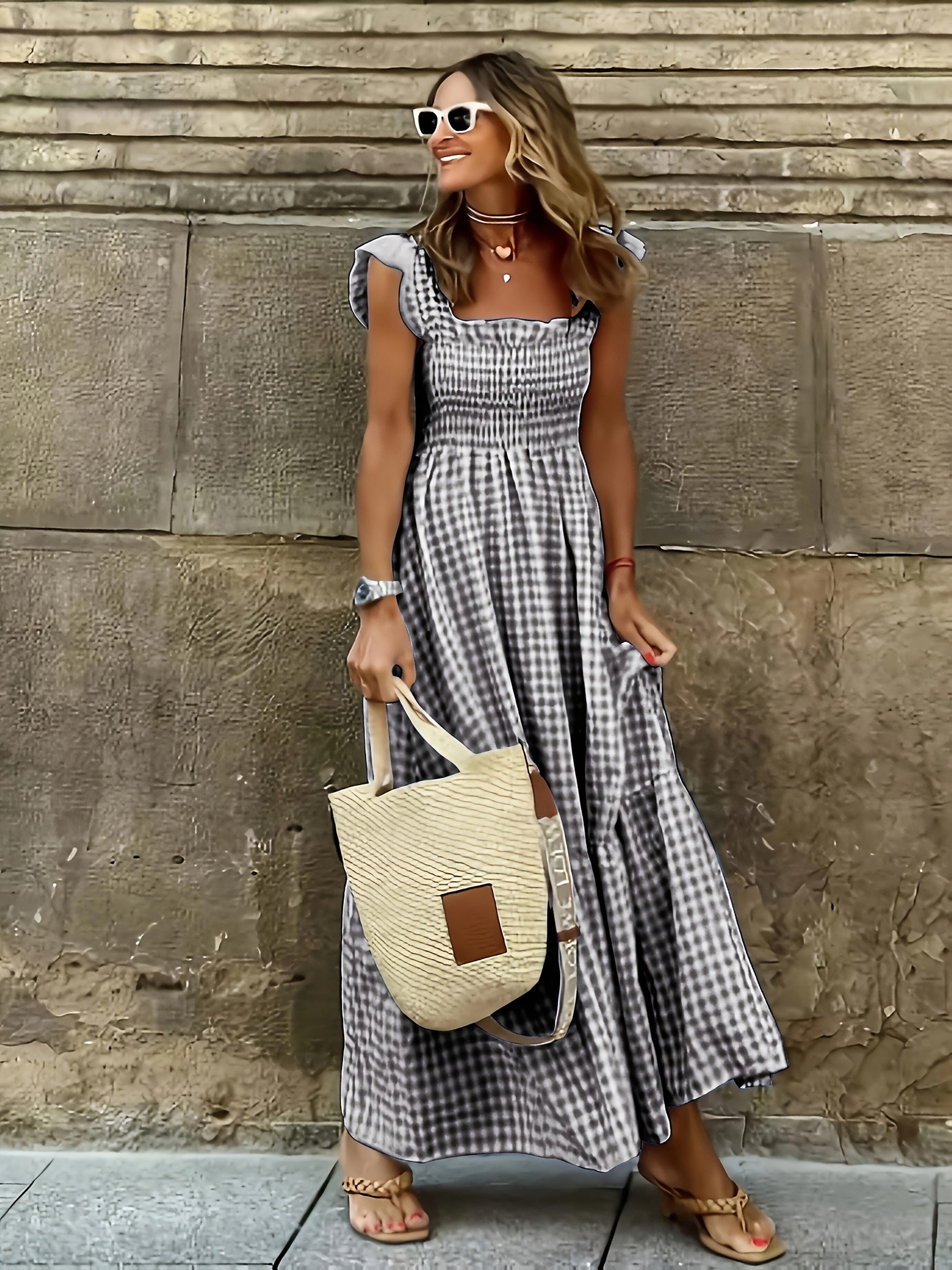 Vestido Maxi Casual Boho Chic con Escote Cuadrado y Falda Fluida Mujer