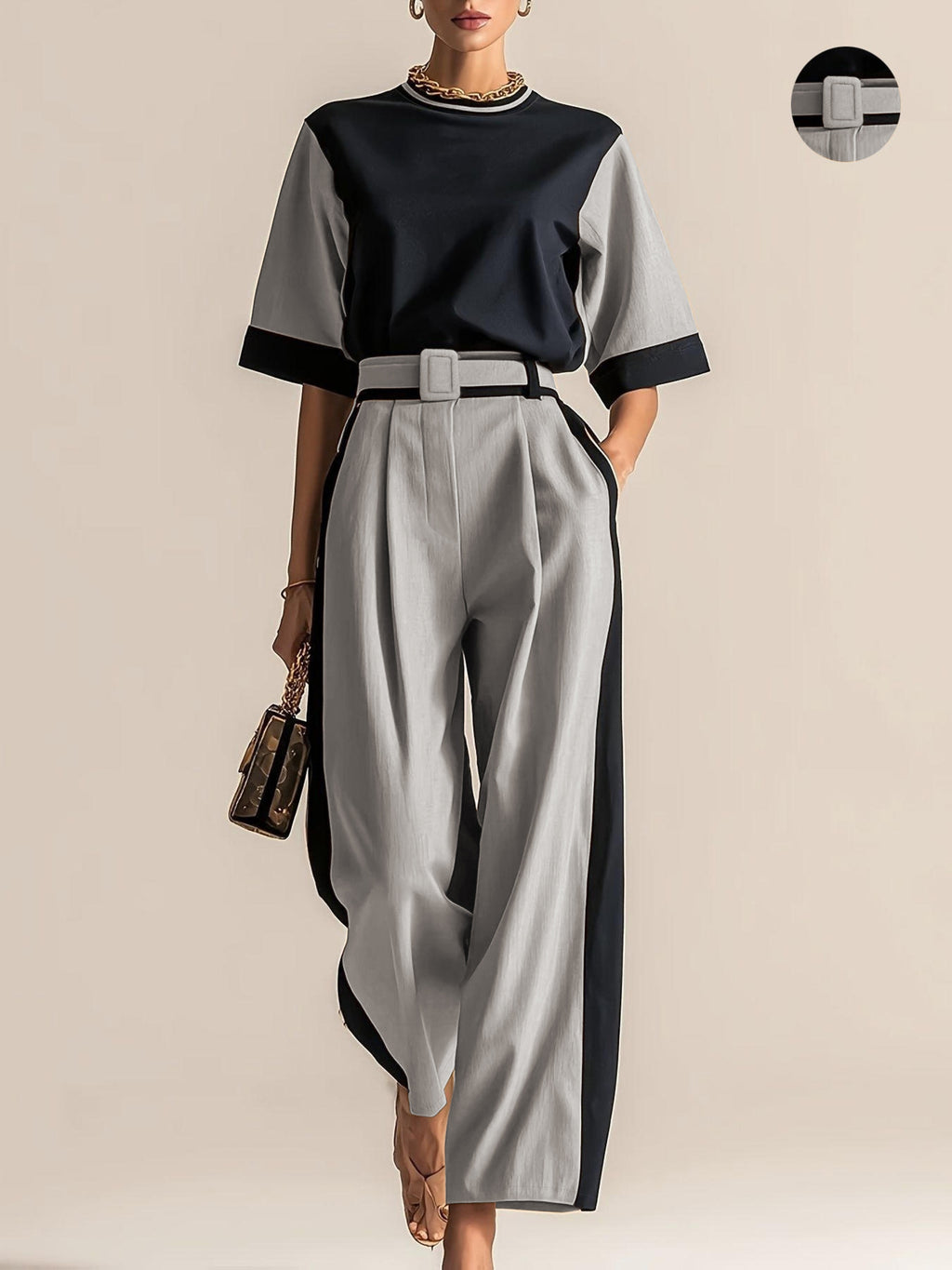 Conjunto 3 Piezas Negro Camel Color Block Top Oversize Pantalón Palazzo con Cinturón Elegante Mujer