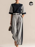 Conjunto 3 Piezas Negro Camel Color Block Top Oversize Pantalón Palazzo con Cinturón Elegante Mujer