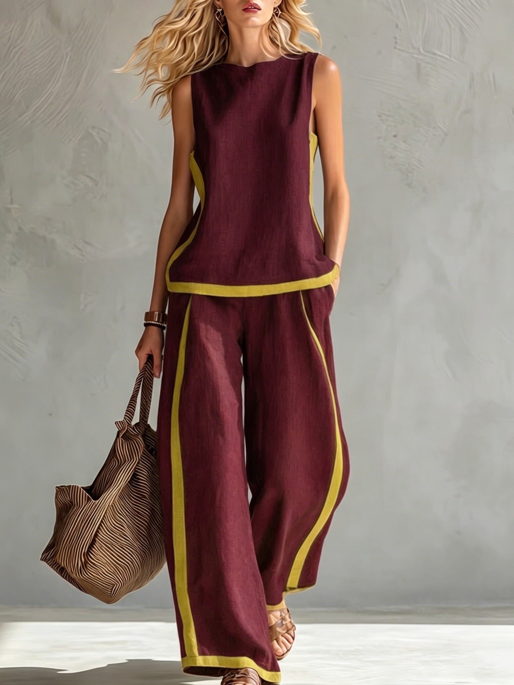 Conjunto Mujer con Pantalón Palazzo Contraste Amarillo Casual Elegante Verano
