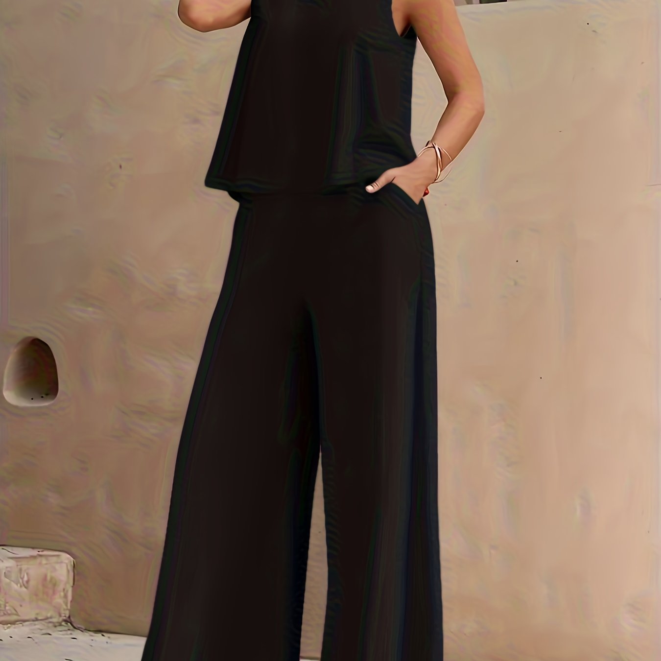Conjunto Mujer Blusa Sin Mangas y Pantalón Palazzo Amplio Casual Cómodo para Verano, Viajes y Uso Diario