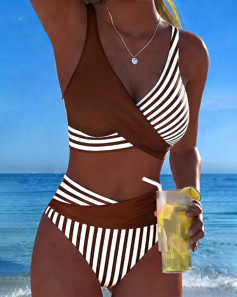 Bikini Cruzado de Cintura Alta con Rayas Marineras Estilo Playa y Vacaciones para Mujer