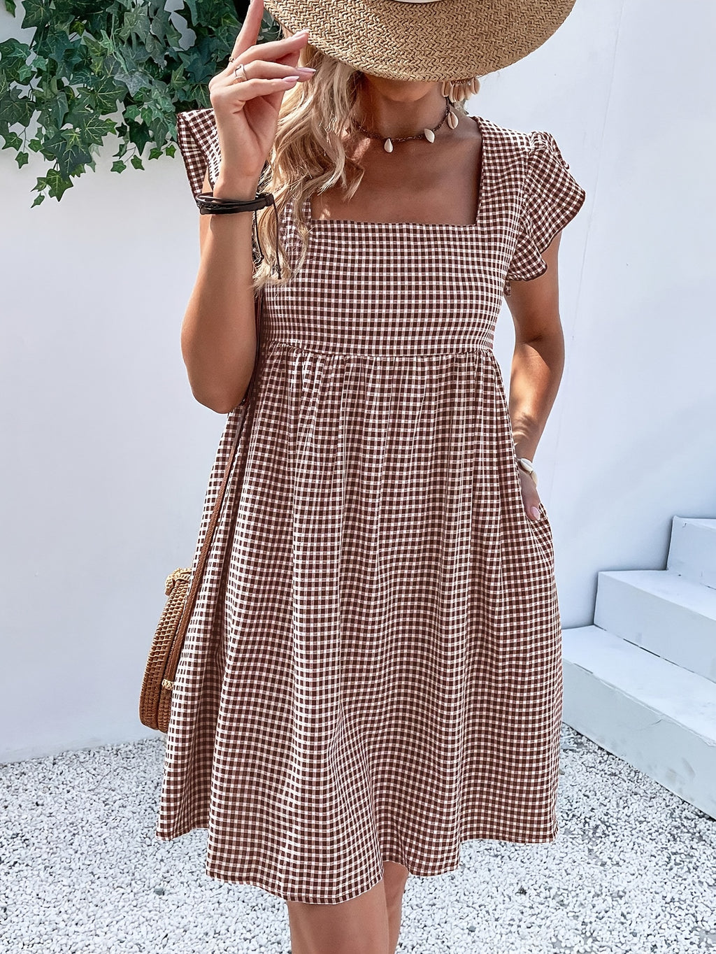 Vestido de Mujer, Vestido Corto con Cuello Cuadrado y Diseño de Cubierta a Cuadros para Vacaciones y Playa
