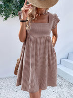 Vestido de Mujer, Vestido Corto con Cuello Cuadrado y Diseño de Cubierta a Cuadros para Vacaciones y Playa