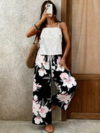 Conjunto Mujer Blusa Blanca con Volantes y Pantalón Palazzo Floral Negro Casual Elegante Verano