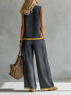 Conjunto Mujer con Pantalón Palazzo de Lino Ligero y Detalles Mostaza Casual Verano
