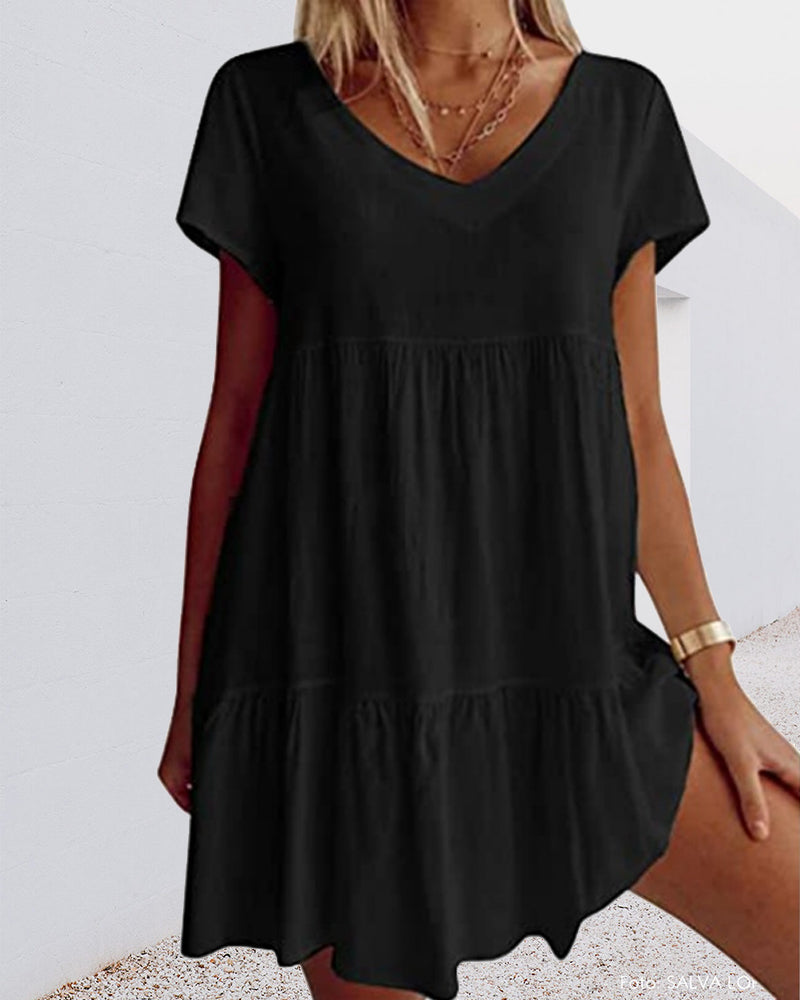 Vestido Corto lino Escote V Manga Corta Falda Escalonada Baby Doll Casual Playa Verano Mujer