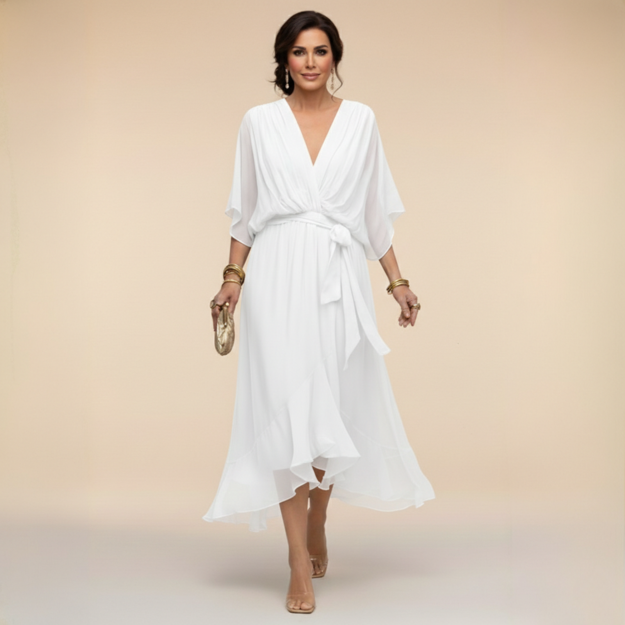 Vestido Midi Femenino Elegante con Escote en V y Cinturón para Fiesta