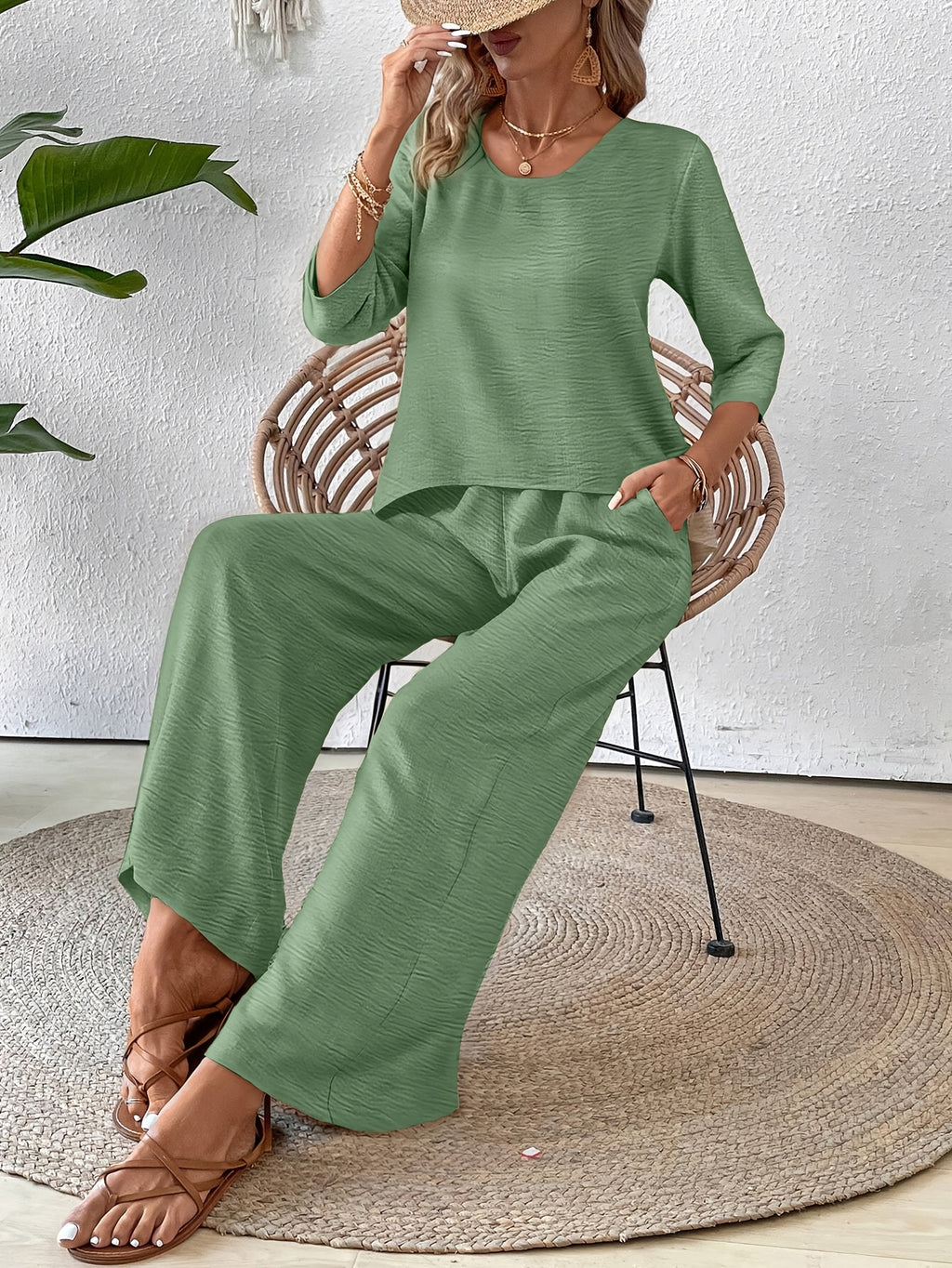 Conjunto 2 Piezas Top Crochet Espalda Manga 3/4 Pantalón Palazzo Casual Boho Mujer