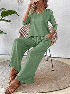 Conjunto 2 Piezas Top Crochet Espalda Manga 3/4 Pantalón Palazzo Casual Boho Mujer