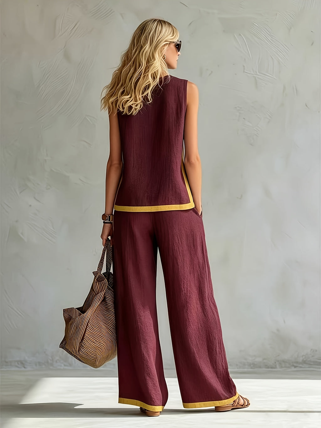 Conjunto Mujer con Pantalón Palazzo Contraste Amarillo Casual Elegante Verano