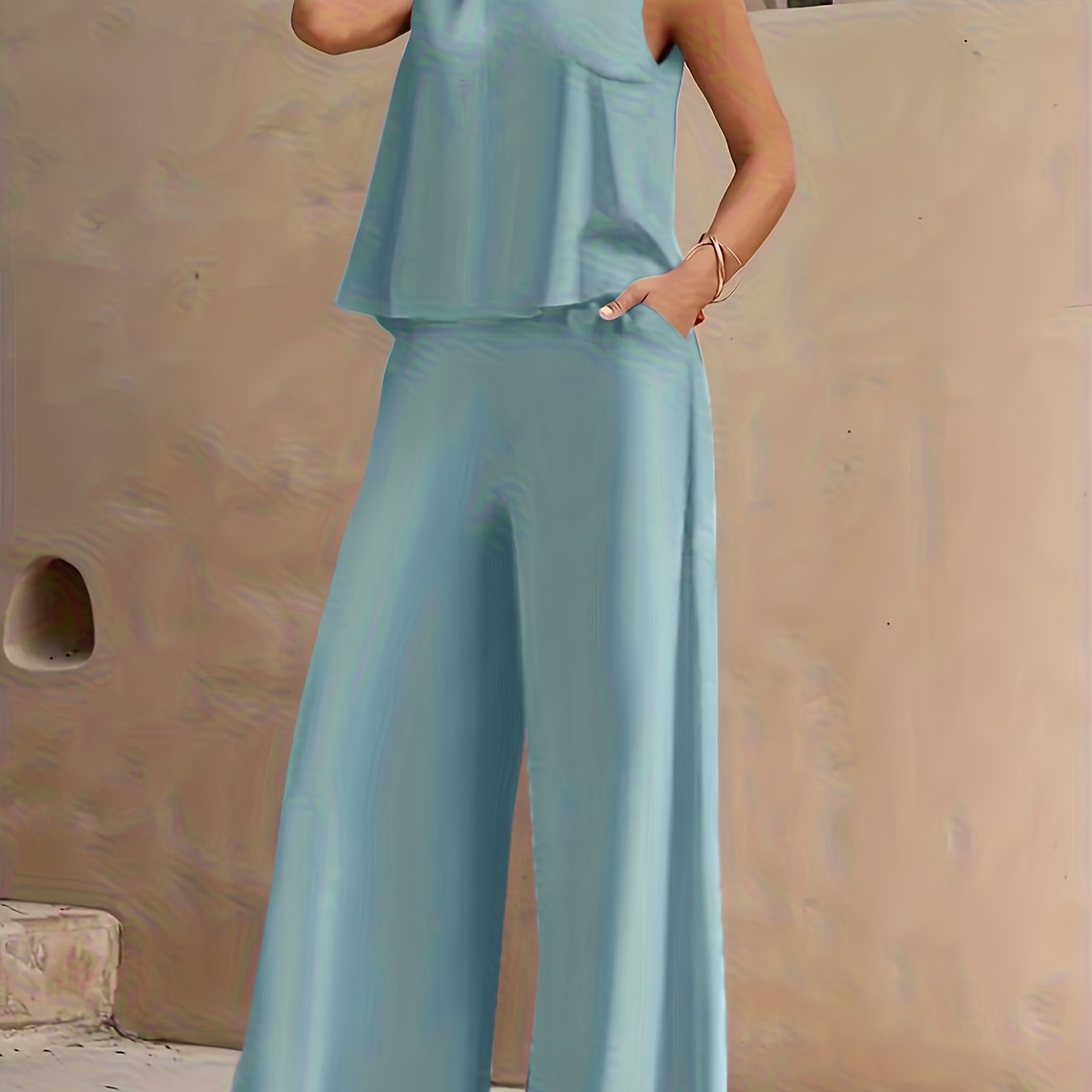 Conjunto Mujer Blusa Sin Mangas y Pantalón Palazzo Amplio Casual Cómodo para Verano, Viajes y Uso Diario