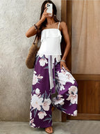 Conjunto Mujer Blusa Blanca con Volantes y Pantalón Palazzo Floral Negro Casual Elegante Verano