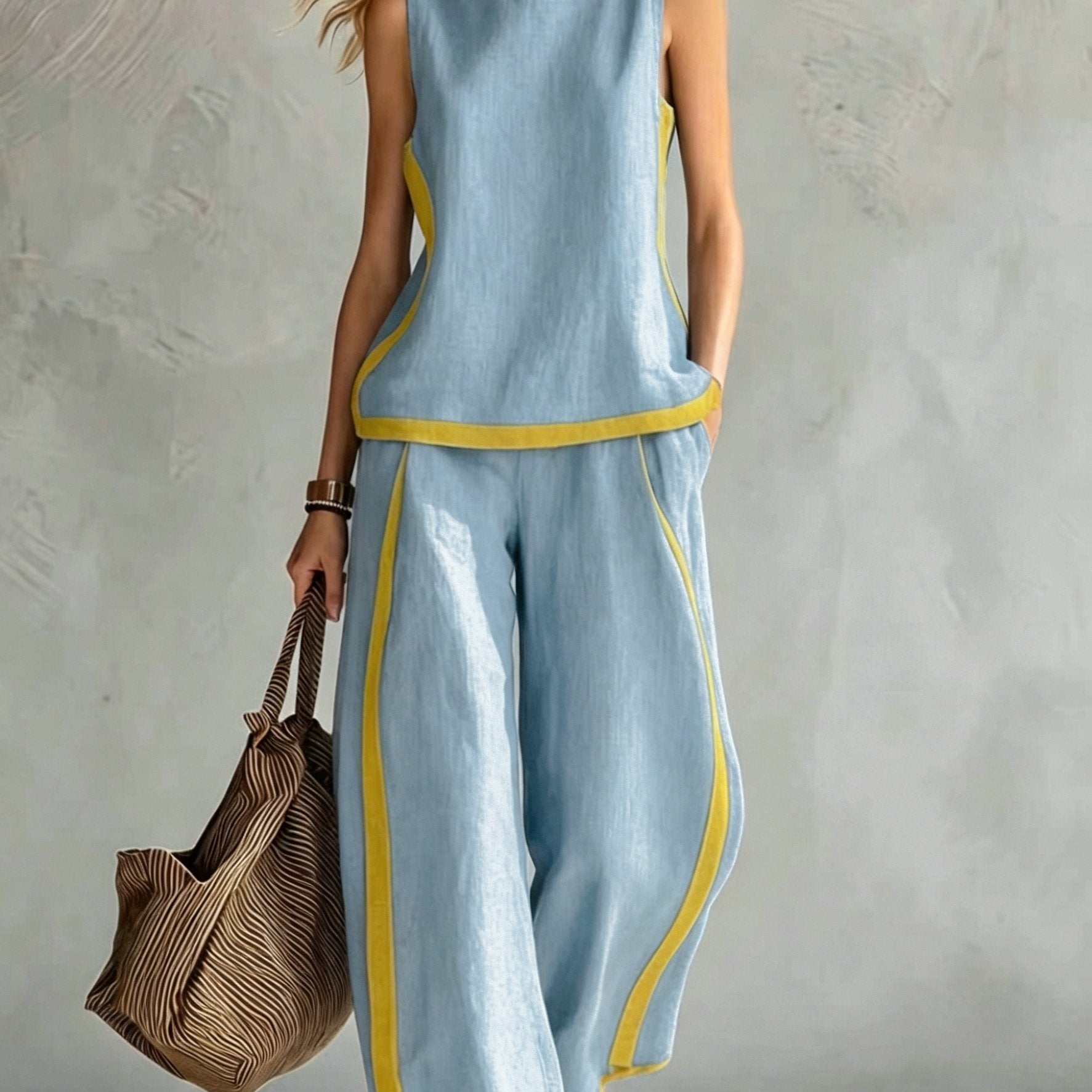 Conjunto Mujer con Pantalón Palazzo Contraste Amarillo Casual Elegante Verano