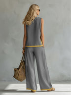 Conjunto 2 Piezas Gris Top Sin Manga y Pantalón Palazzo Ribete Mostaza Lino Casual Chic Mujer