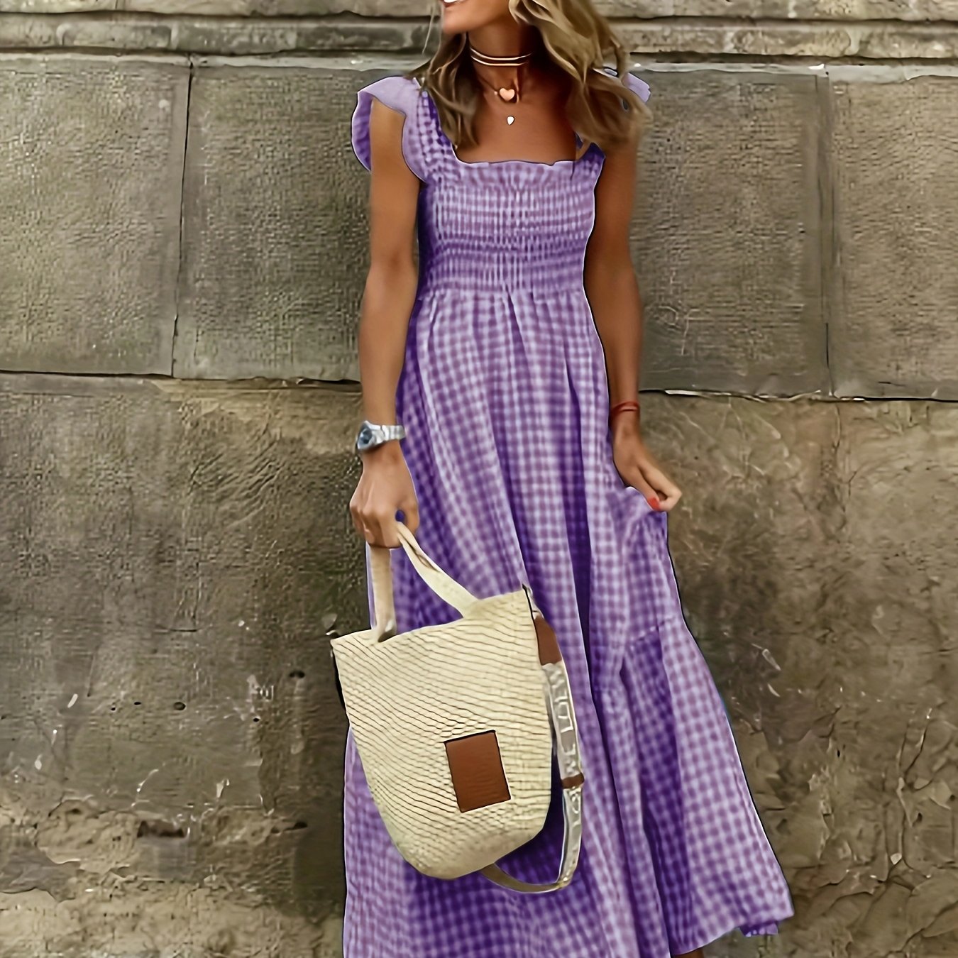 Vestido Maxi Casual Boho Chic con Escote Cuadrado y Falda Fluida Mujer
